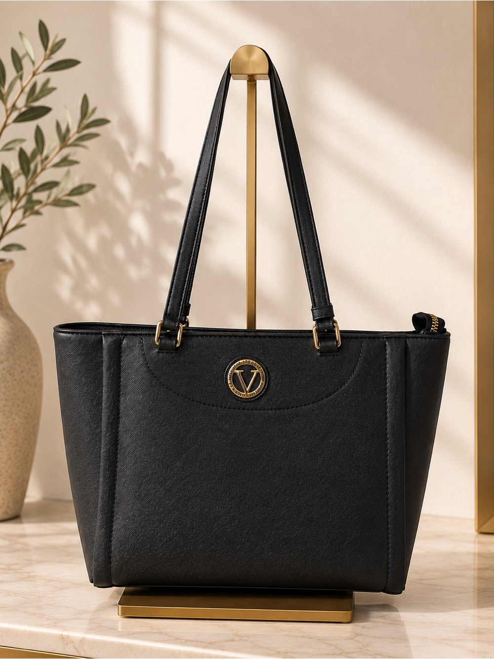 Classic Black Tote Bag with Gold Accent